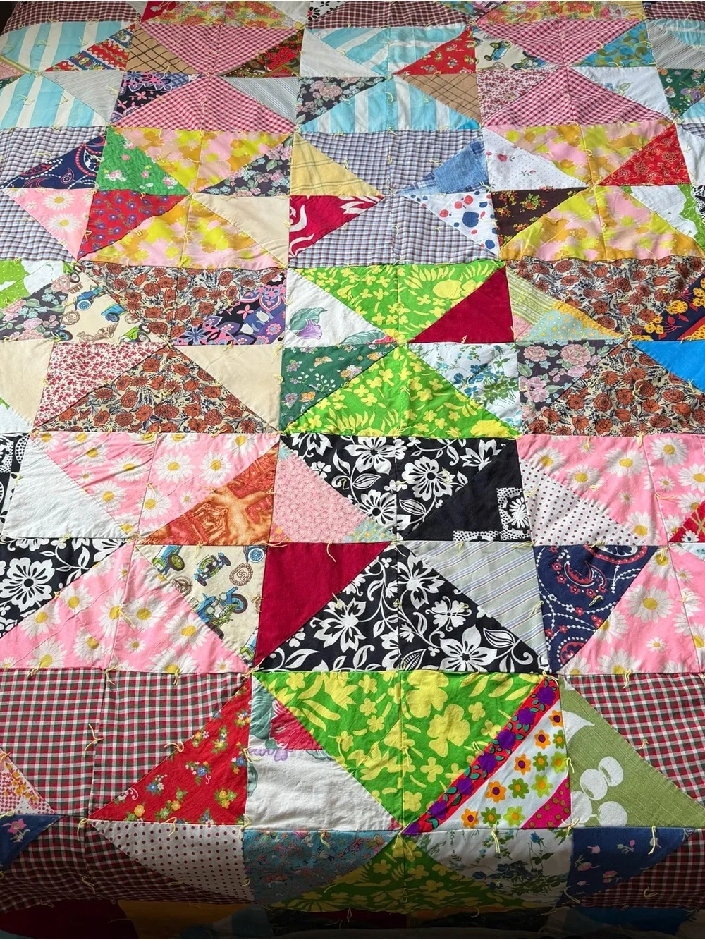 Oversized Vintage Quilt 105x100 Boho Patchwork Floral Hand Tied